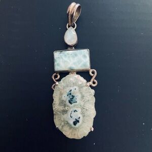 Silver 925 Larimar- Moonstone Agate Statement Pendant necklace! Handmade 2inch